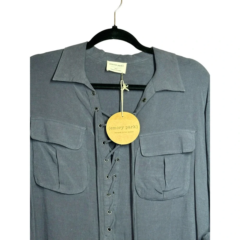 Emory Park New With Tags Roll Tab Sleeve Lace Up Blouse Linen Tunic Gray Size S